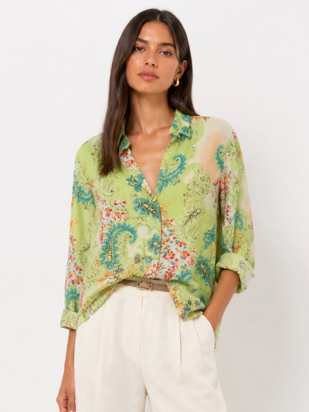 Soft Surroundings Silk Blend Blouse Paisley Floral Button Front Relaxed Fit